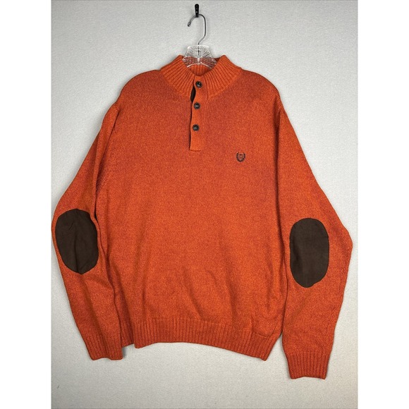 Chaps Other - Chaps Men's Sweater Large Orange Mock Neck Henley Elbow Patches Suede Trim 2982